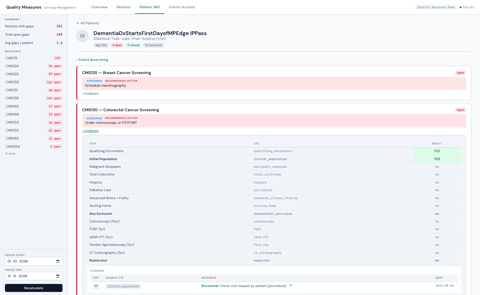 Patient 360 view in the demo app: the CMS130 decision chain with a per-CTE verdict for every population step, and the qualifying encounter shown as evidence